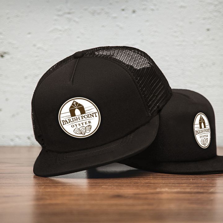 PPO black trucker cap round White logo