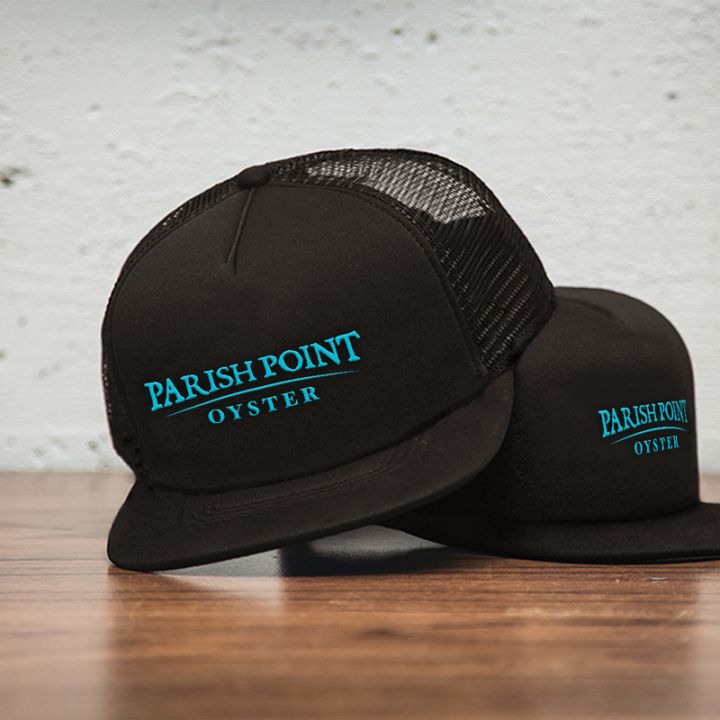 PPO black trucker cap Blue type logo